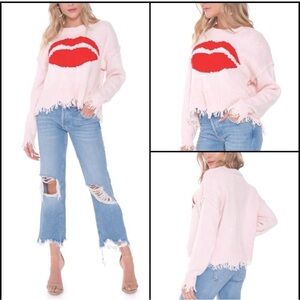 Wildfox Luna First Kiss sweater in seashell pink cotton with frayed hems